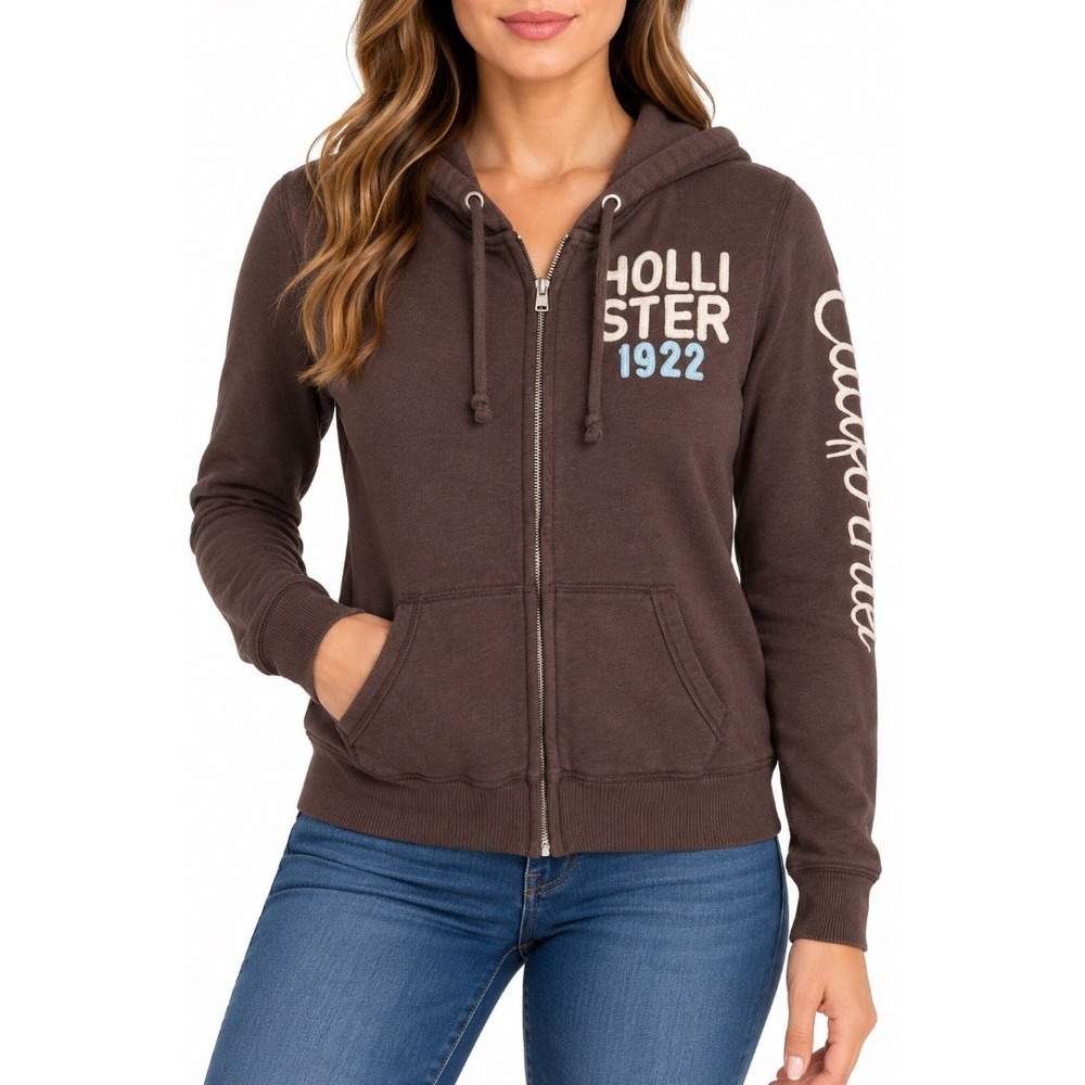 Hollister Womens Brown Zip Up Hoodie Sweatshirt California 1922 Size M